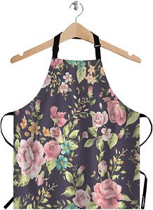 WONDERTIFY Black Pink Floral Apron,Vintage Floral Flower and Leaf Pattern on Nav