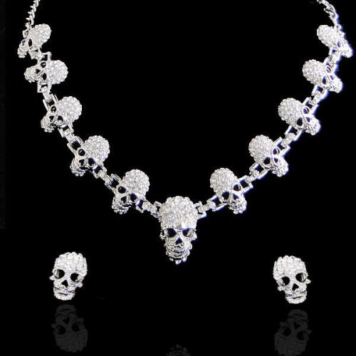 Fabulous 11 skull earring necklace set clear rhinestone crystal halloween for sale