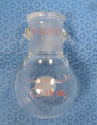KONTES  15 ML  ROUND  BOTTOM  FLASK  14/20   WITH  TWO  HOOKS       C