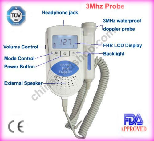 Baby heart fetal doppler with 3 mhz probe and 8 mhz vascular 2 probes fda for sale