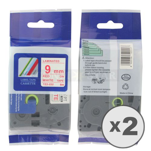 2pk Red on White Tape Label Compatible for Brother P-Touch TZ 222 TZe 222 9mm