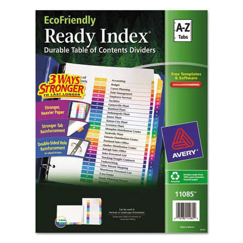 EcoFriendly Ready Index Table/Contents Divider, Multicolor A-Z, 11 x 8-1/2