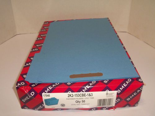 100 Smead 10740 Blue Fastener Folders Legal Size 1/3 Cut 2 Fasteners