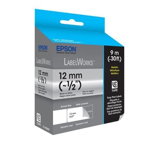 Epson labelworks lc-4sbm9 metallic 1/2&#034; lc tape cartridge, black on silver for sale