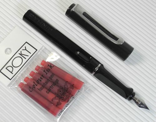 JINHAO 599B Fountain pen BLACK plastic barrel free 5 POKY cartridges RED ink