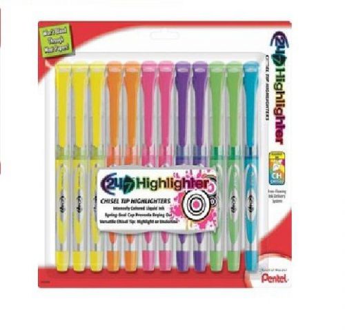 12 Pentel 24 7 Chisel Tip Highlighters, Assorted