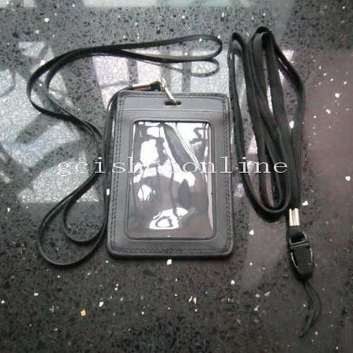 One genuine leather id card holder and two strap lanyard for retractable badge for sale