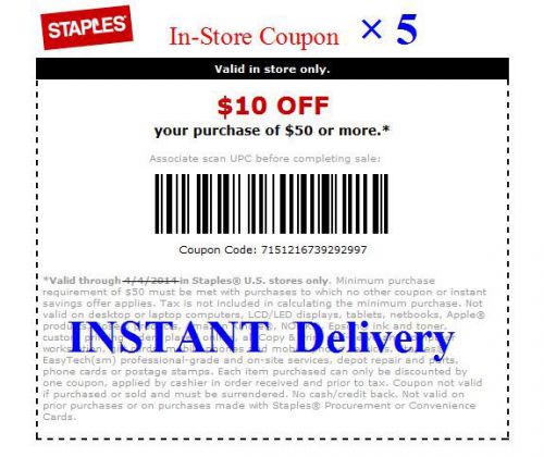 Lot of (5) Staples $10 off $50 in-store-coupon(email delivery; check spam)