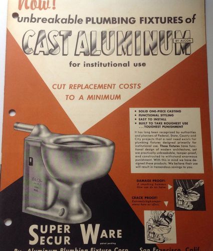 Vintage 50&#039;s super secur ware aluminum plumbing fixtures catalog (prison, jail) for sale