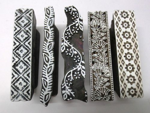 LOT OF 5 WOODEN HAND CARVED TEXTILE PRINTING FABRIC BLOCK STAMP UNIQUE BORDERS