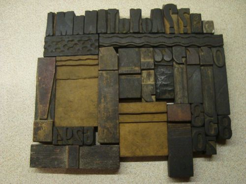 Antique lot of 38 letters, numbers &amp; symbols wood letterpress printing blocks