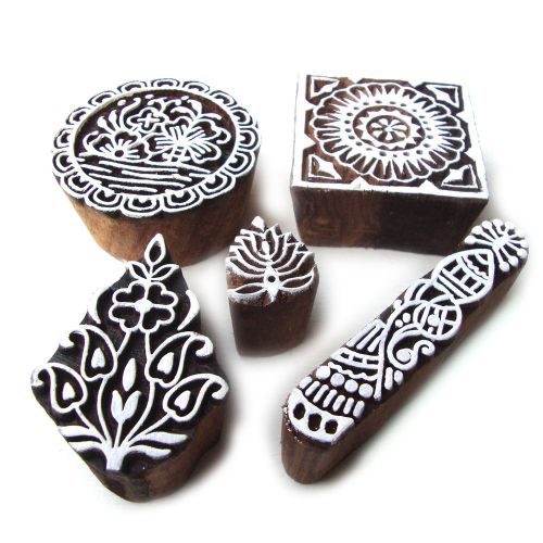 Assorted Floral Motifs Hand Carved Wooden Block Printing Tags (Set of 5)