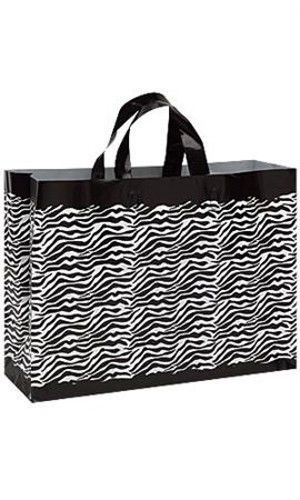 New 100 bags large frosted plastic zebra print shopping bags 16&#034; x 6&#034; x 12&#034; for sale