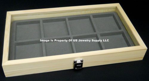 12 Natural Wood Glass Top Lid Grey 8 Space Display Box Case Bangle Pins Medals