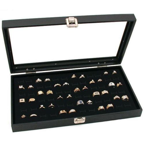 Glass top black jewelry display case 72 Slot Ring Tray box organizer showcase