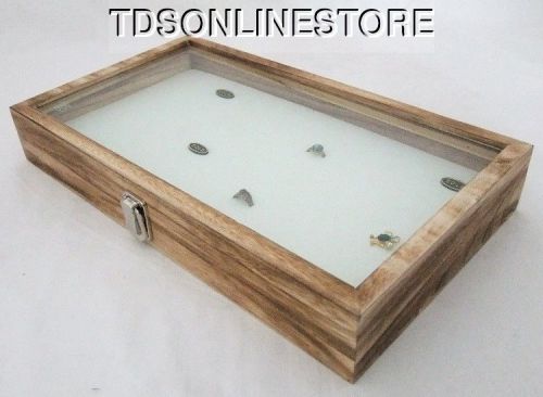 Rustic Antique Oak Color 72 Ring Glass Top Display Case White Insert