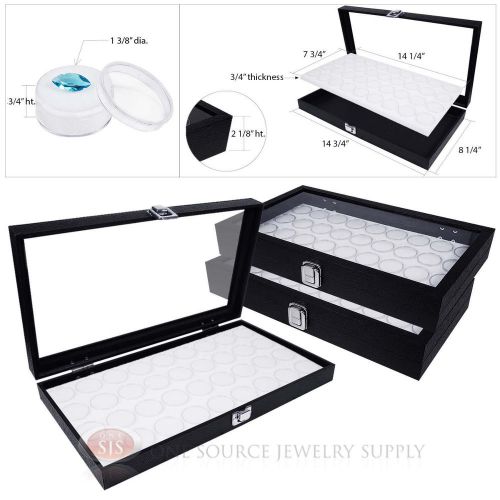 (3) black wooden glass top display cases w/ 3 white 36 gem jar gemstone inserts for sale