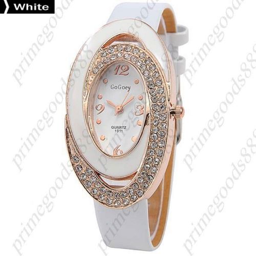 Oval Analog Rhinestones PU Leather Quartz Ladies Wrist Wristwatch Women&#039;s White