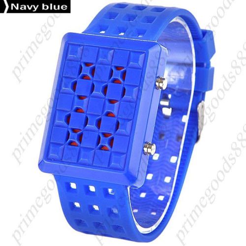 Unisex Red Light LED Digital Wrist Date Grid Hollow Rubber Band in Blue