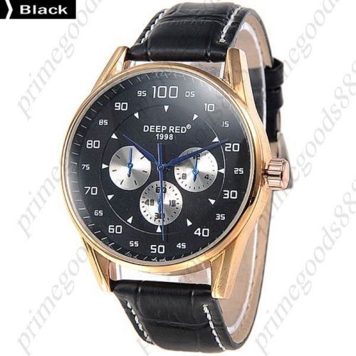 Sub Dials Genuine Leather Quartz Analog Free Shipping Men&#039;s Wristwatch Black