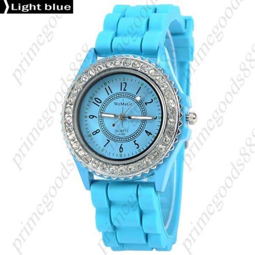 Silica Gel Rhinestones Analog Quartz Lady Ladies Wristwatch Women&#039;s Light Blue