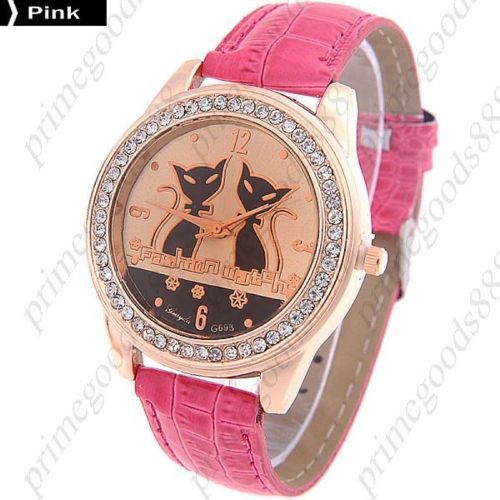Cat Cats Rhinestones PU Leather Quartz Lady Ladies Wristwatch Women&#039;s Pink