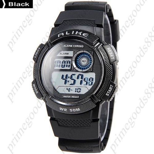 LCD LED Round Waterproof Digital Alarm Stopwatch Date Men&#039;s Wristwatch Black