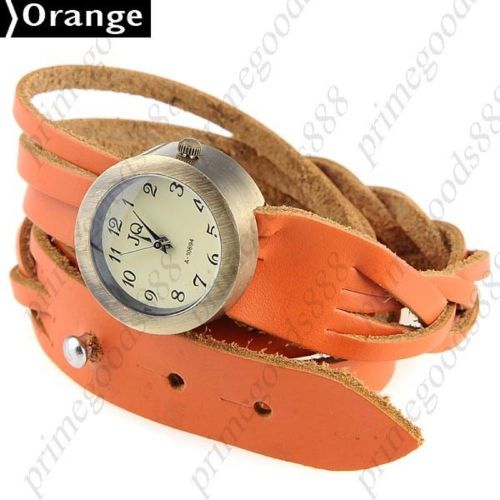 PU Leather Analog Bracelet Bangle Quartz Wrist Round Wristwatch Women&#039;s Orange