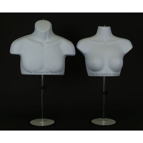 2 Pcs. White Male + Female With Metal Base Mannequin Forms Set - Upper Torso