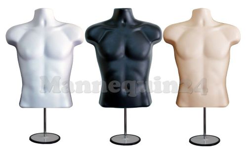 3 pcs- male torso mannequin forms (white, black, &amp; flesh)+ metal stands &amp; hooks for sale