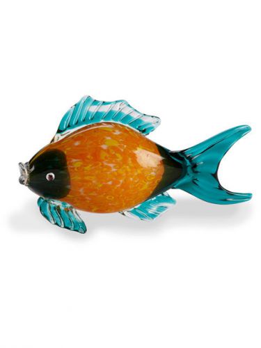 Blown Fused 13&#034; Art Glass Large Turquoise Orange Curved Fish Statue Figurine