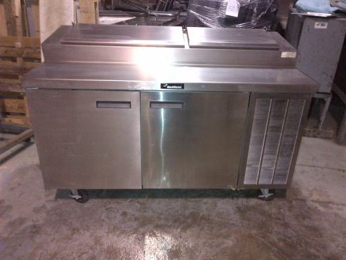 Delfield model 18rc62 refrigerated prep table 2 door w/ cold rail top on casters for sale