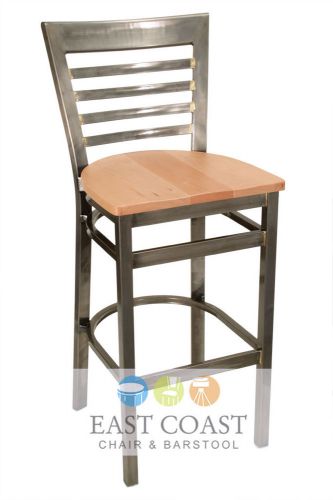 New gladiator clear coat full ladder back metal bar stool w/ natural wood seat for sale