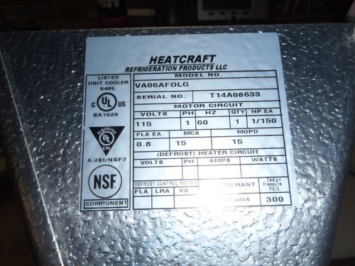 Heatcraft 1 Fan Reach In Evaporator 115V 1Ph va06af0lg