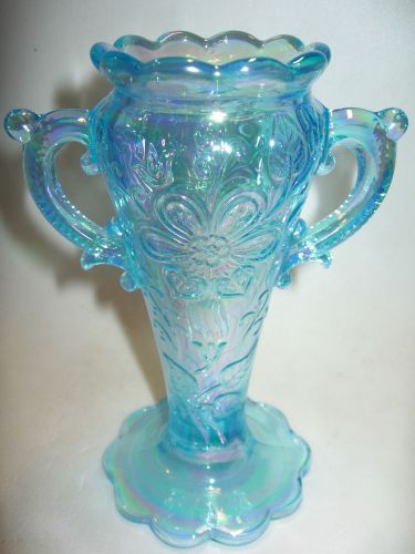 spring Blue Carnival 2 handle rose vase iridescent flower pattern bud floral art