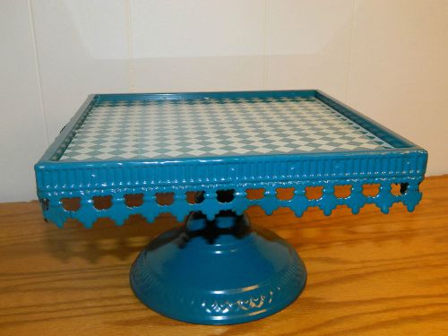 Square Shabby or Cottage Aqua Embossed Metal Cake Pastry Display Stand Glass T