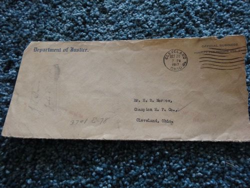 DEPARTMENT OF JUSTICE 1917 Cleveland Oh Morrow M F Champion Co. Envelope