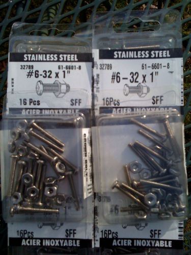 Stainless steel machine screws w/nuts, #6-32x1&#034;, 10 pks of 16 screws and 16 nuts for sale