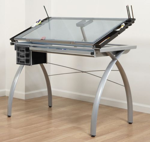 Futura Station Glass 43&#034;W x 24&#034;D Drafting Table Silver / Blue Glass