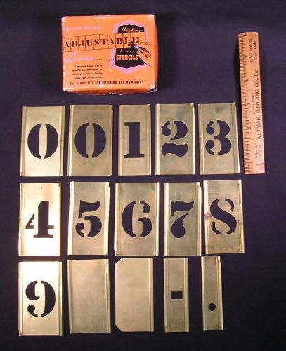 Vtg Reese&#039;s Adjustable Brass Lockedge Stencils Numbers 1-1/2&#034; Set of 15 with Box