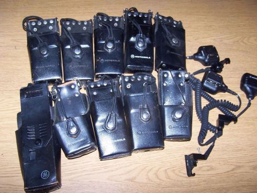 Orphan lot 10 police radio holsters with belt holders 9 motorola &amp; 1 ge + 3 mics for sale