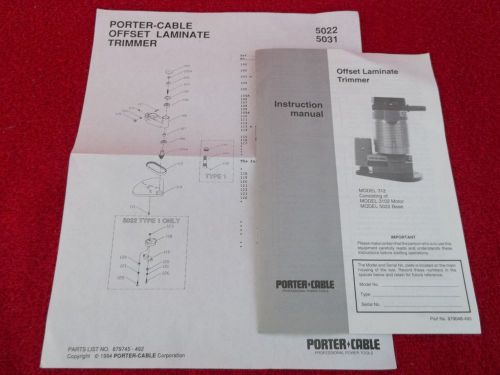 Porter Cable Router Model 312 Instruction Manual # 879048-493 &amp; Parts List