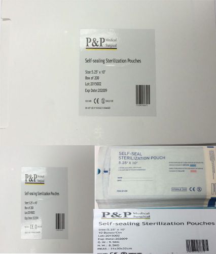 Self seal sterilization pouch 5.25&#034; x 10&#034; box of 1200 indicator strip p&amp;p pp-sp1 for sale