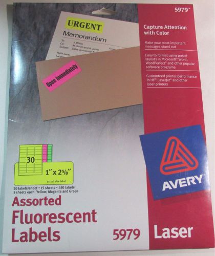 AVERY 5979 FLOURESCENT LABELS 1&#034; X 2 5/8&#034; EASY PEEL 15 SHEETS 450 LABELS NEW