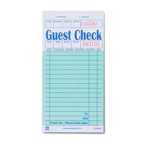 Royal green guest check paper, 1 part booked, case of 50 books, gc3616-1 for sale