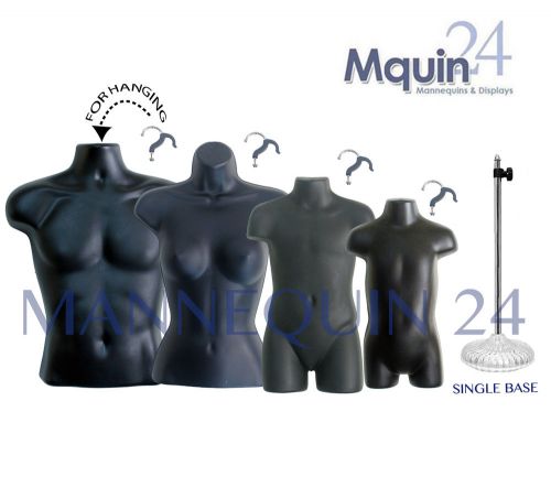 4 BLACK MANNEQUINS: MALE, FEMALE, CHILD &amp; TODDLER FORMS +1 STAND + 4 HANGERS