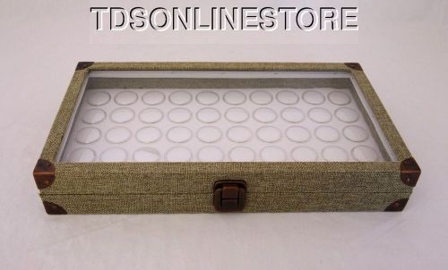 Burlap Covered Glass Top Jewelry Display Case With 50 Gem Jars White