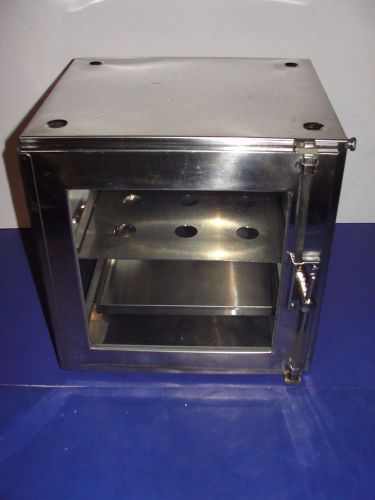 Stainless Steel Desiccator with glass door and sides.  Adjustable shelf pan USA