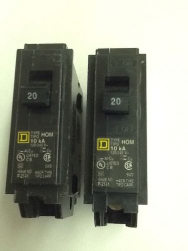 Lot Of 2 NEW Square D Homeline HOM 120 Circuit Breakers. 20 Amp 1 Pole 120/240 V