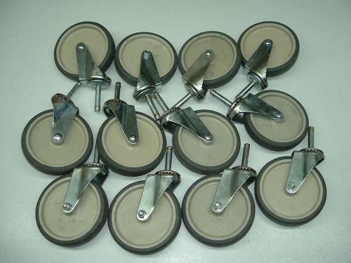 12 Each 5 Inch Rubber Tire Non Marring Stem Casters w/Brass Grip Ring